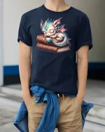 Cute Sleeping Dragon T-Shirt - model wearing Navy T-shirt, hands in pockets, denim shirt at waist