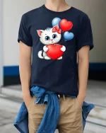 Cute Kitty With Heart Balloons T-Shirt - model wearing Navy T-shirt, hands in pockets, denim shirt at waist