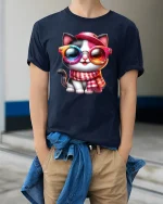 Cool Cat With Rainbow Glasses T-Shirt - model wearing Navy T-shirt, hands in pockets, denim shirt at waist