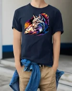 Wild Lynx Spirit T-Shirt - model wearing Navy T-shirt, hands in pockets, denim shirt at waist
