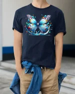 Color Splash Butterfly T-Shirt - model wearing Navy T-shirt, hands in pockets, denim shirt at waist