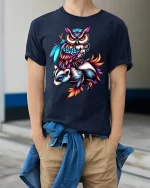 Colorful Owl and Badger T-Shirt - model wearing Navy T-shirt, hands in pockets, denim shirt at waist