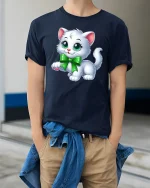 Cute White Kitten T-Shirt - model wearing Navy T-shirt, hands in pockets, denim shirt at waist