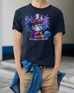 Steampunk Cat T-Shirt - Cool Mad Hatter Style - model wearing Navy T-shirt, hands in pockets, denim shirt at waist