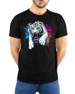 Fierce White Tiger T-Shirt - model with hands behind back, wearing Black T-shirt and blue jeans