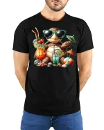 Chill Beach Turtle T-Shirt - model with hands behind back, wearing Black T-shirt and blue jeans