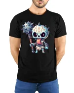 Cute Skull Warrior T-Shirt - model with hands behind back, wearing Black T-shirt and blue jeans
