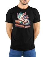 Cute Sleeping Dragon T-Shirt - model with hands behind back, wearing Black T-shirt and blue jeans