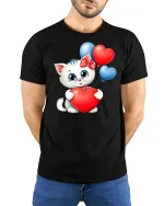 Cute Kitty With Heart Balloons T-Shirt - model with hands behind back, wearing Black T-shirt and blue jeans