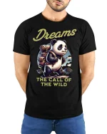 Adventure Panda Dreams T-Shirt - model with hands behind back, wearing Black T-shirt and blue jeans