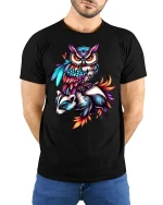 Colorful Owl and Badger T-Shirt - model with hands behind back, wearing Black T-shirt and blue jeans