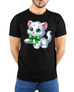 Cute White Kitten T-Shirt - model with hands behind back, wearing Black T-shirt and blue jeans