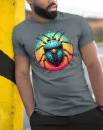 Neon Beetle T-Shirt - Vibrant Insect Art - model leaning on yellow-black pole, wearing Gray T-shirt, hand in pocket