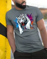 Fierce White Tiger T-Shirt - model leaning on yellow-black pole, wearing Gray T-shirt, hand in pocket