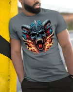 Fire Demon Skull T-Shirt - model leaning on yellow-black pole, wearing Gray T-shirt, hand in pocket