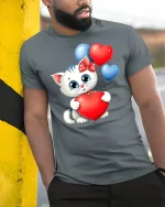 Cute Kitty With Heart Balloons T-Shirt - model leaning on yellow-black pole, wearing Gray T-shirt, hand in pocket