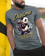 Adventure Panda Dreams T-Shirt - model leaning on yellow-black pole, wearing Gray T-shirt, hand in pocket
