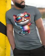 Cool Cat Rainbow Shades T-Shirt - model leaning on yellow-black pole, wearing Gray T-shirt, hand in pocket