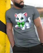Cute White Kitten T-Shirt - model leaning on yellow-black pole, wearing Gray T-shirt, hand in pocket