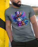 Steampunk Cat T-Shirt - Cool Mad Hatter Style - model leaning on yellow-black pole, wearing Gray T-shirt, hand in pocket