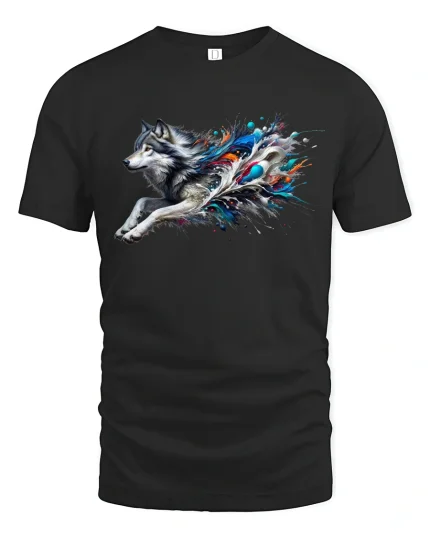 Running Wolf T-Shirt - Color Splash Wild Tee - black t-shirt on white background