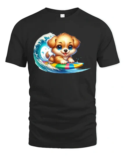 Surf Puppy T-Shirt - Cute Dog Riding Tee - black t-shirt on white background