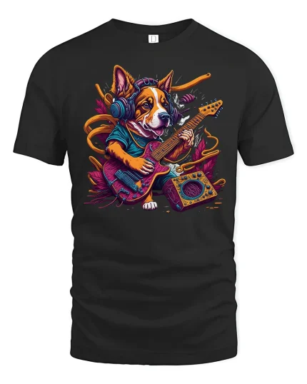Rock Corgi T-Shirt - Funny Guitar Dog Music Lover - black t-shirt on white background