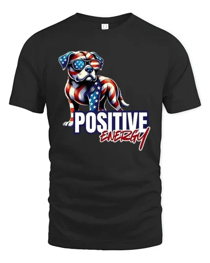 Positive Energy T-Shirt - American Flag Dog - black t-shirt on white background