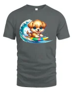 Surf Puppy T-Shirt - Cute Dog Riding Tee - gray t-shirt on white background