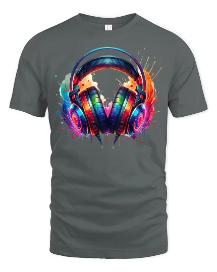 Colorful Headphones T-Shirt - gray t-shirt on white background