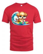 Surf Puppy T-Shirt - Cute Dog Riding Tee - red t-shirt on white background