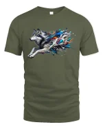 Running Wolf T-Shirt - Color Splash Wild Tee - military green t-shirt on white background