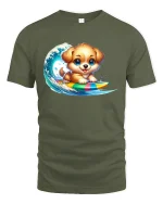 Surf Puppy T-Shirt - Cute Dog Riding Tee - military green t-shirt on white background