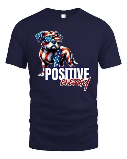 Positive Energy T-Shirt - American Flag Dog - navy t-shirt on white background