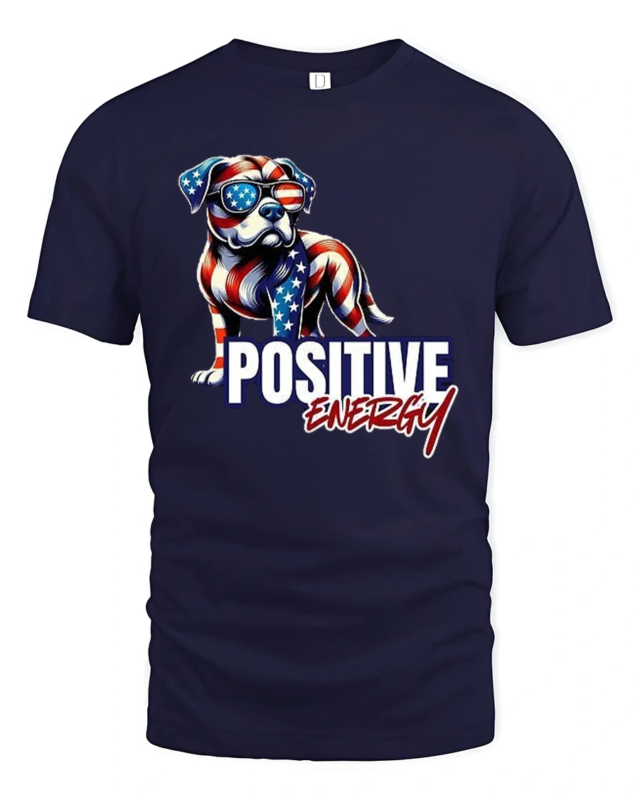 Positive Energy T-Shirt - American Flag Dog - 1 Positive Energy T-Shirt - American Flag Dog - navy t-shirt on white background