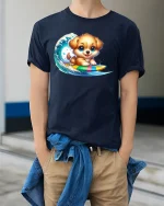 Surf Puppy T-Shirt - Cute Dog Riding Tee - model wearing Navy T-shirt, hands in pockets, denim shirt at waist