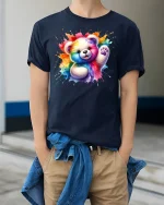 Rainbow Teddy Bear T-Shirt - model wearing Navy T-shirt, hands in pockets, denim shirt at waist