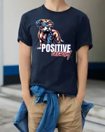 Positive Energy T-Shirt - American Flag Dog - model wearing Navy T-shirt, hands in pockets, denim shirt at waist