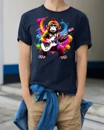Guitar Monkey T-Shirt - model wearing Navy T-shirt, hands in pockets, denim shirt at waist