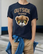 Outside Trapper T-Shirt - model wearing Navy T-shirt, hands in pockets, denim shirt at waist
