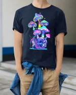 Psychedelic Mushroom Snail T-Shirt - model wearing Navy T-shirt, hands in pockets, denim shirt at waist