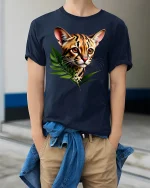 Jungle Cat T-Shirt - Wild Leopard Graphic - model wearing Navy T-shirt, hands in pockets, denim shirt at waist