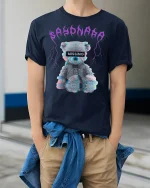 Missing Teddy T-Shirt - Glitch Bear Aesthetic Design - model wearing Navy T-shirt, hands in pockets, denim shirt at waist