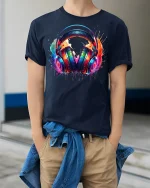 Colorful Headphones T-Shirt - model wearing Navy T-shirt, hands in pockets, denim shirt at waist