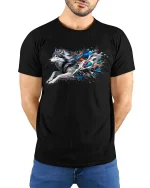 Running Wolf T-Shirt - Color Splash Wild Tee - model with hands behind back, wearing Black T-shirt and blue jeans