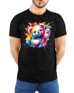 Rainbow Teddy Bear T-Shirt - model with hands behind back, wearing Black T-shirt and blue jeans