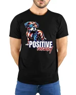 Positive Energy T-Shirt - American Flag Dog - model with hands behind back, wearing Black T-shirt and blue jeans