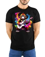 Guitar Monkey T-Shirt - model with hands behind back, wearing Black T-shirt and blue jeans