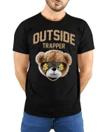 Outside Trapper T-Shirt - model with hands behind back, wearing Black T-shirt and blue jeans