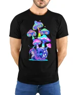 Psychedelic Mushroom Snail T-Shirt - model with hands behind back, wearing Black T-shirt and blue jeans